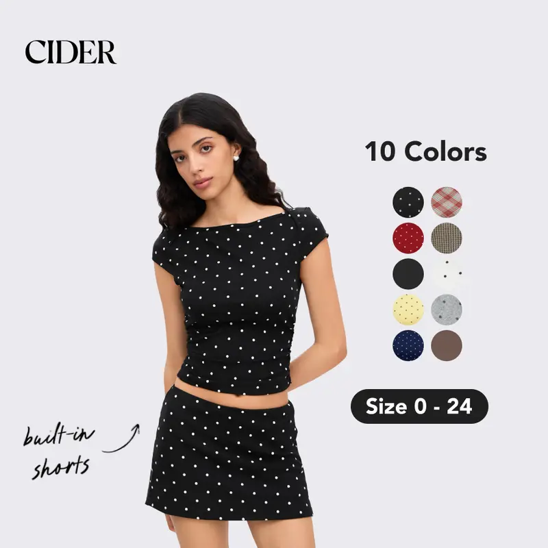 Cider Cotton-blend Boat Neck Polka Dot Ruched Tee & Mini Skort