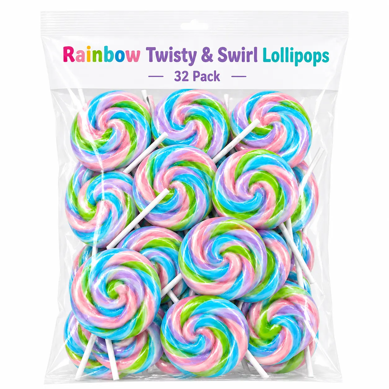 Sweet Rainbow Twisty & Swirl Lollipops 32-Pack, Bulk Blueberry-Flavored Mermaid Unicorn Candy, Individually Wrapped for Unicorn Birthday Party Goodie Bags & Daily Snacks