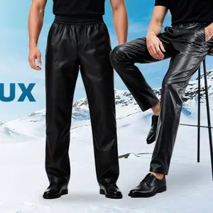 Men’s faux leather pants, black, elastic-waist, stylish casual, suitable for winter
