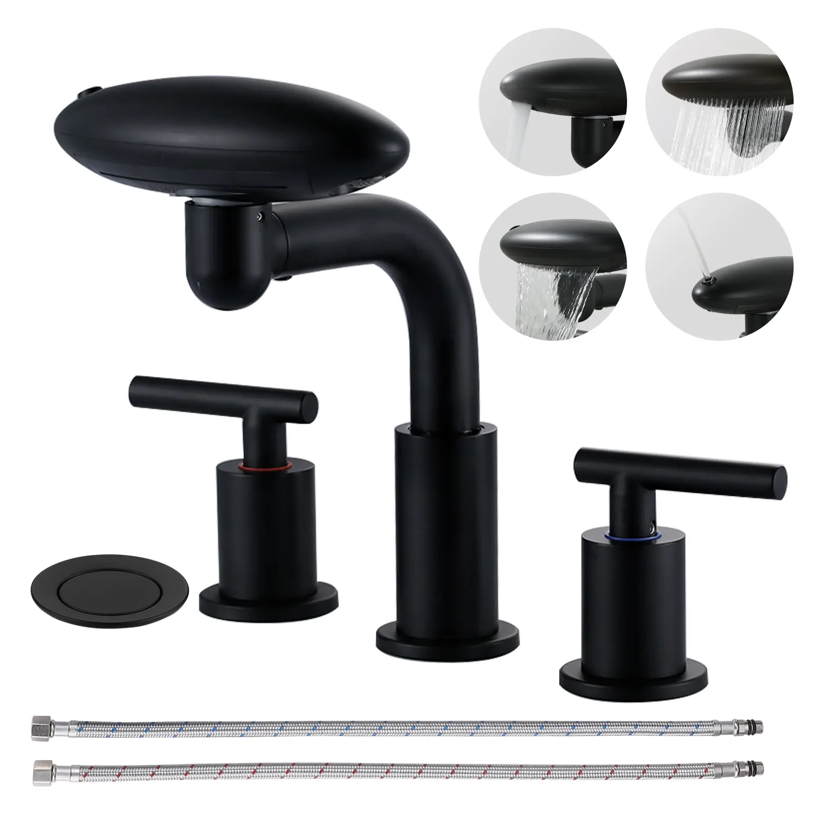 WOWOW 4-Mode Widespread 8 inch Bathroom Faucet in Matte Black : 4-16 Inch Flexible Installation, 3-Hole Sink Faucet, 360°Swivel, Brushing/Waterfall/Rainfall/Bubble Modes, Premium Stainless Steel