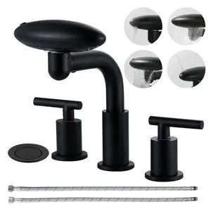 WOWOW 4-Mode Widespread 8 inch Bathroom Faucet in Matte Black : 4-16 Inch Flexible Installation, 3-Hole Sink Faucet, 360°Swivel, Brushing/Waterfall/Rainfall/Bubble Modes, Premium Stainless Steel