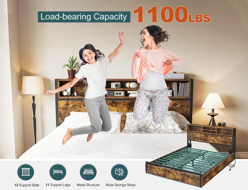 Raybee 6 Drawers Wood Bed Frames for King Queen Full, Luxury Platform Bed Frame with Storage Head Board & Build-in Power Outlet, Holds up to 1000lbs with Metal Frame & Slats, Noise Free, Space Saving for Bedroom
