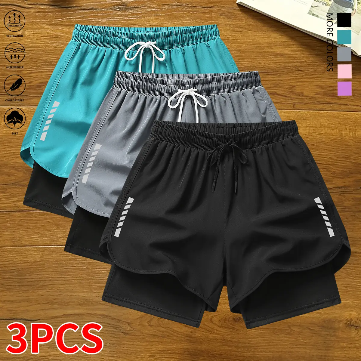 Set of 3 women’s casual athletic shorts featuring striped prints, built-in lining, drawstring, and elastic waistband — suitable for workouts, running, and everyday wear; lightweight summer shorts, women’s clothing, summer womenswear, summer apparel,summer