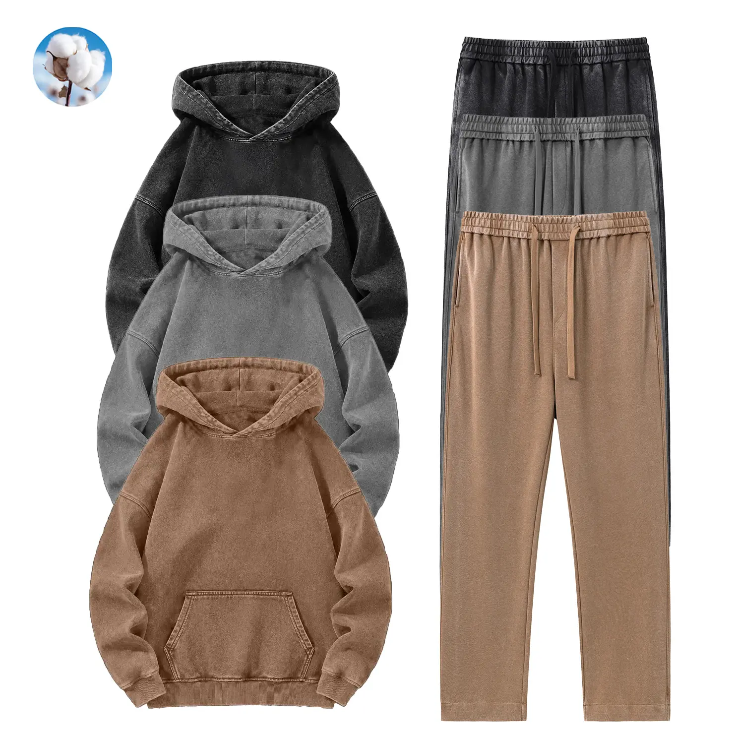 Vintage Washed Brown 2-Piece Cotton Hoodie & Jogger Set, Oversized Long Sleeve Casual Basic Fashion Clothes, Streetwear Sweatsuit, Comfortable Tracksuit drawstring men matching outdoor use galaxy fit Sweatshirt  Letter   Running cozy two-piece outfit
