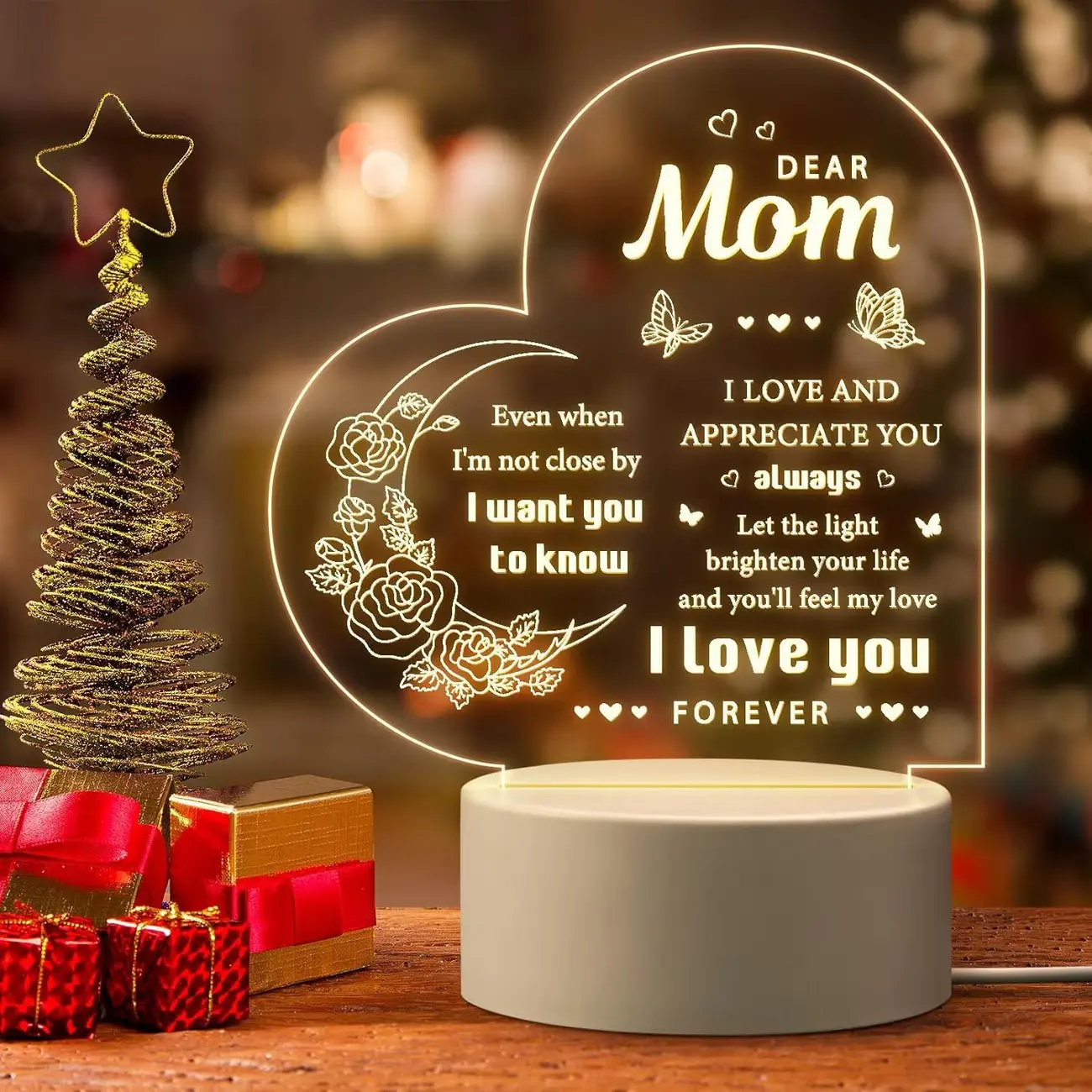 Dear Mom Acrylic Night Light - Heart-Shaped Moon Rose Butterfly Engraved Lamp, Mother's Day Birthday Gift from Daughter Son, USB Powered Bedroom Decor with "I Love You Forever" Quote surprise Pink  table decor Usb Cable Convenient Inline Button Switch