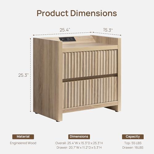 SICOTAS Night Stand Set of 2 Fluted Nightstands with Charger Station, Large Modern Nightstand Bedside Table End Table with 2 Drawers, 25" Wide Farmhouse Night Stands for Bedroom, Sofa Side