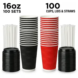 KIJKSYJ 100 Pack 16oz Insulated Ripple Paper Coffee Cups with Lids & 100 Disposable Straws, Daily Life Disposable Cups for Water, Juice, Coffee