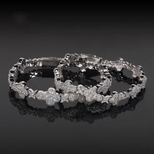 Trendy Full Diamond Flower Chain Bracelet,10mm Clover Bracelet - S925 Silver Iced Out |   Hip Hop Cross & Star Jewelry for Men & Women