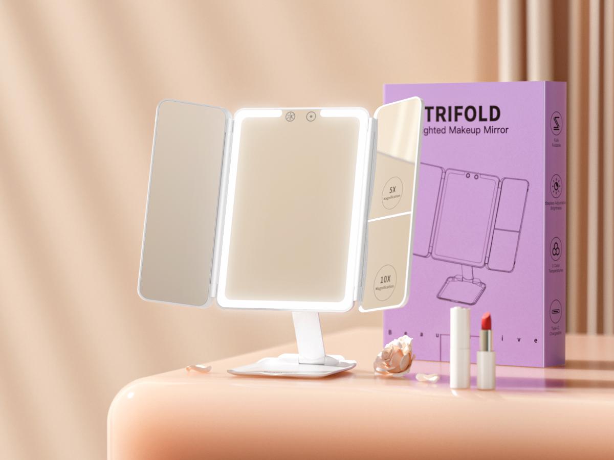 BEAUTIFIVE Tri-fold Travel Makeup Mirror with 48 LED Lights, 1X/5X/10X Rechargeable Vanity Mirror with Light, Portable Magnifying Mirror with Light, Stepless Dimming and Touch Control Table Mirror, Perfect Gift for Her, SummerVibes