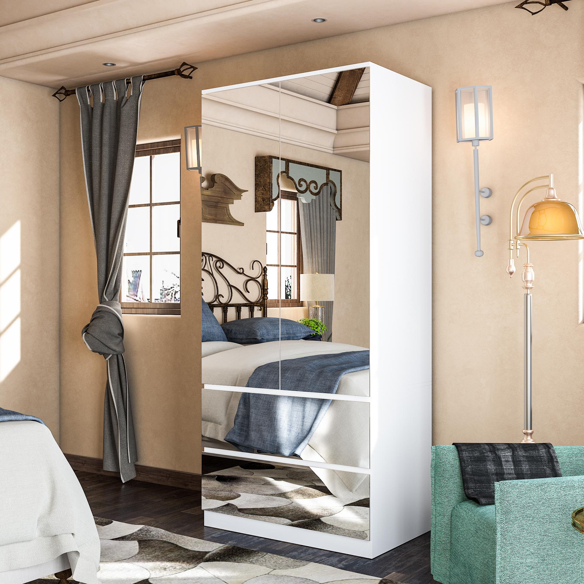 FUFU&GAGA 3 Types Mirror Wardrobe Armoire with Drawers Closet Glass Full Length Mirror Doors Drawers & Hanging Rod Clothes Storage Cabinet for Bedroom