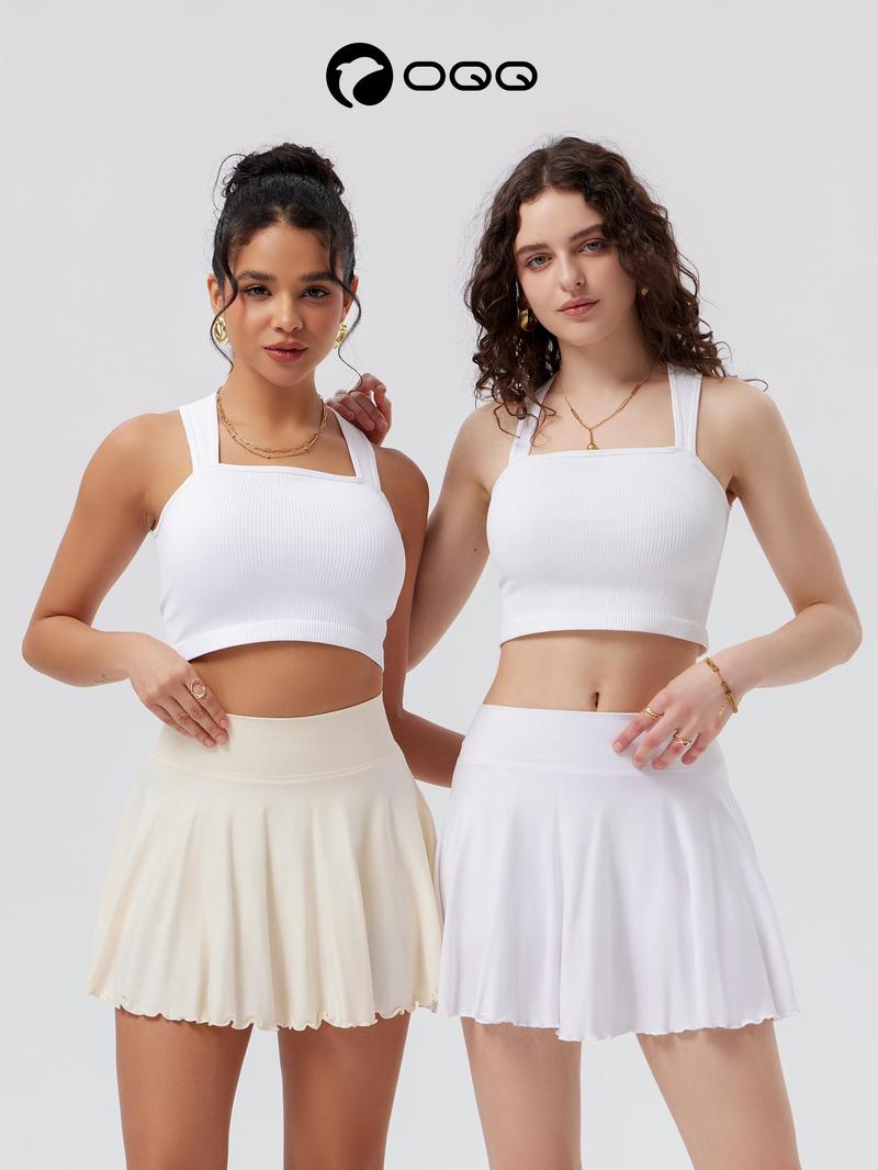 OQQ-Nine cents Women 2 Piece Skirts 2 in 1 Flowy Cheeky Short Skirts Stretchy Flared Casual Mini Skirts Girl Bottom Womenswear Ladies Skirtswomen Solid Color Skort White Skort