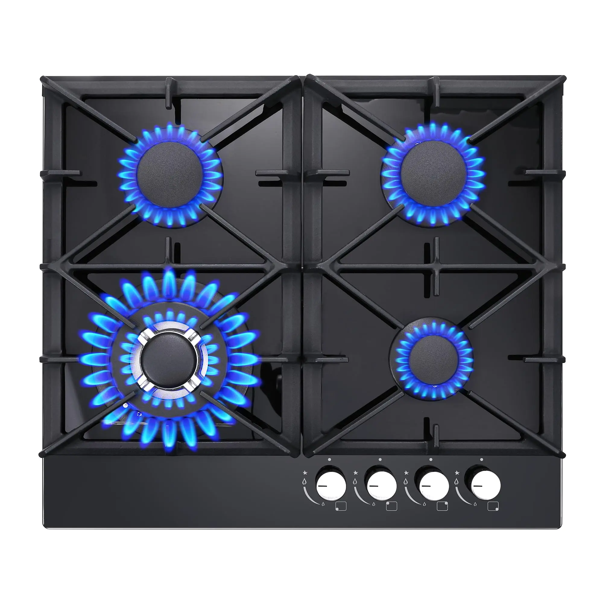 Household Built-In Gas Cooktop - 24-In 4-Burner Black Tempered Glass Hob, NG/LPG Convertible, 3,400 to 13,600 BTU, Thermocouple Protection, Child Lock, Anti-Scalding Knobs, 120V Power Cord, Durable for Apartments, Model GC003-244G-J