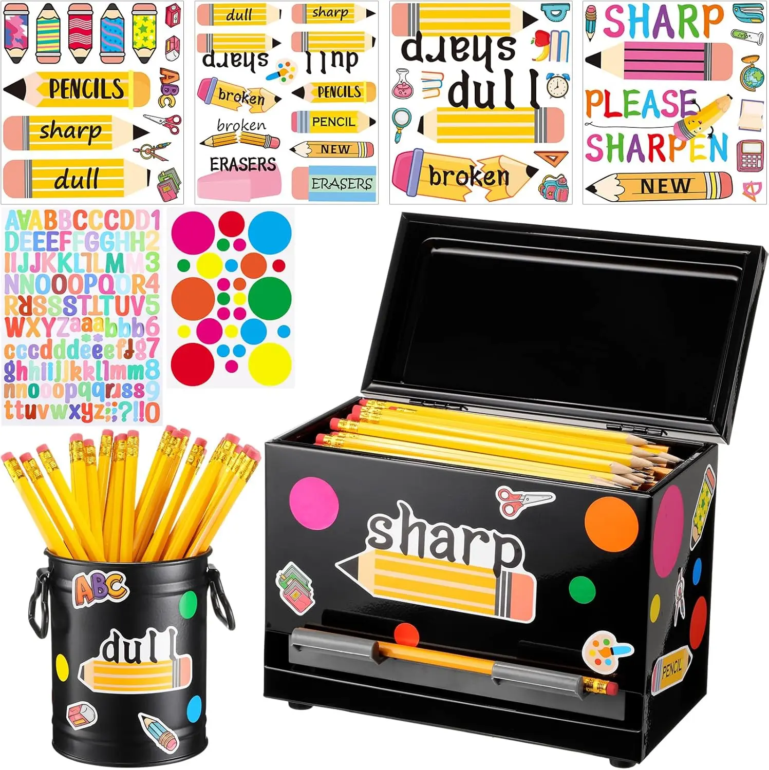 Back to School Metal Pencil Dispenser Kit for Classroom, Includes Stainless Steel Pen Storage Box & Pencil Holder Sharp and Dull Sticker, Teacher Must Haves Classroom Management Pencil Parking, First of School Day Teacher Gift for Pre K to Middle School
