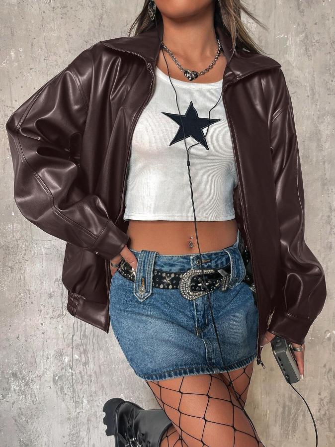 Zip Up Drop Shoulder PU Thick Leather Jacket *LooKo