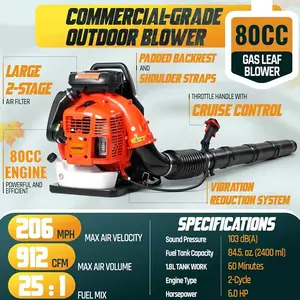 80CC 912 CFM 206 MPH 49N Gas-Powered Backpack Leaf Blower, High-Performance 6.0 HP 2-Cycle Gas Leaf Blower, Ideal for Lawn Maintenance, Snow Removal, And Yard & Driveway Cleaning