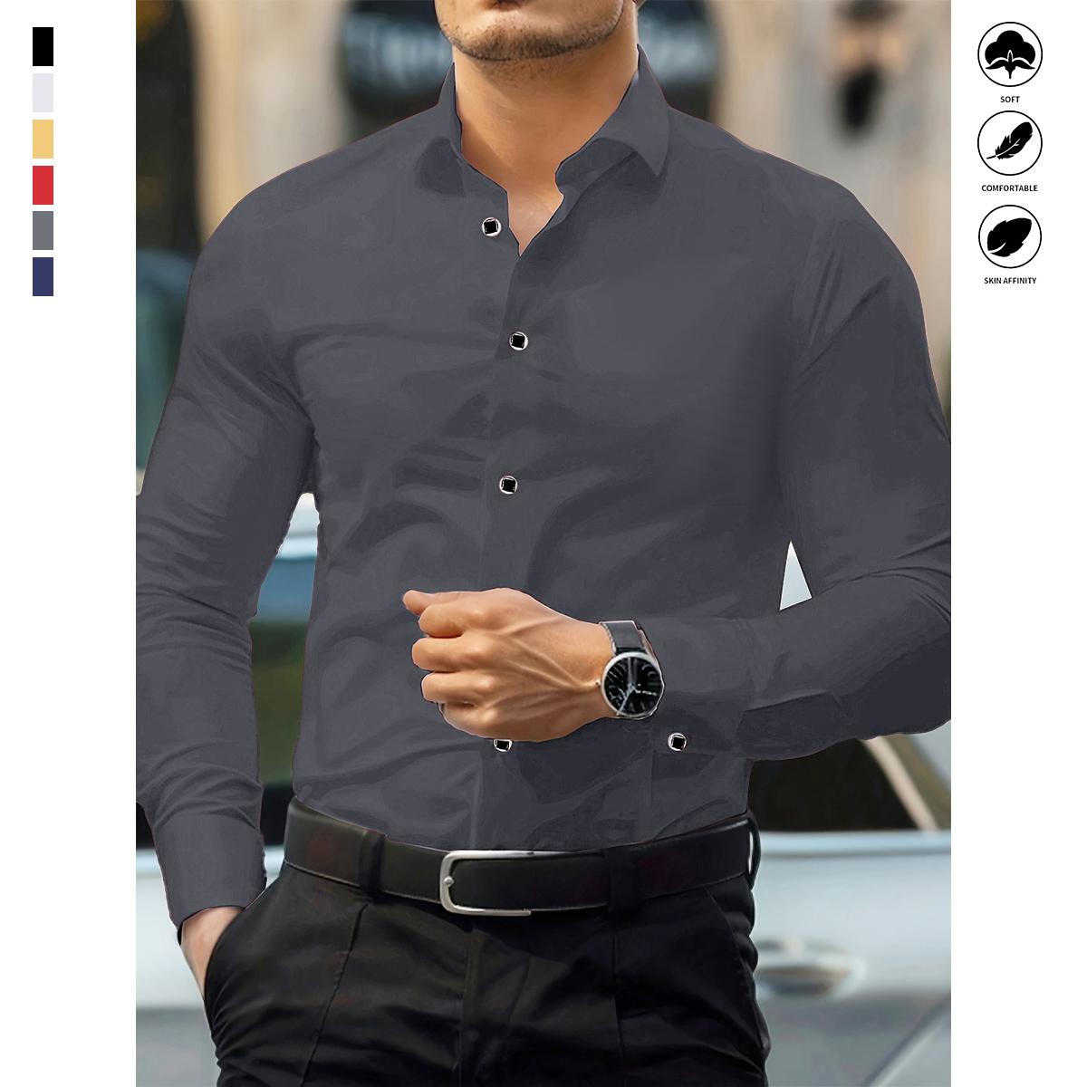 Men’s fashion long-sleeve shirt with a solid color pattern design — slim fit, lightweight fabric, suitable for casual or formal occasions; multifunctional top | elegant appearance | soft touch