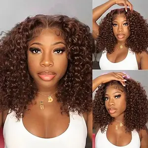 Curly Bob Wig Human Hair Curly  Wave 13x4 HD Lace Front Wigs For Black Women Human Hair Pre Plucked Wear And Go Glueless Short Wet And Wavy Chocolate Brown #4 12 Inch