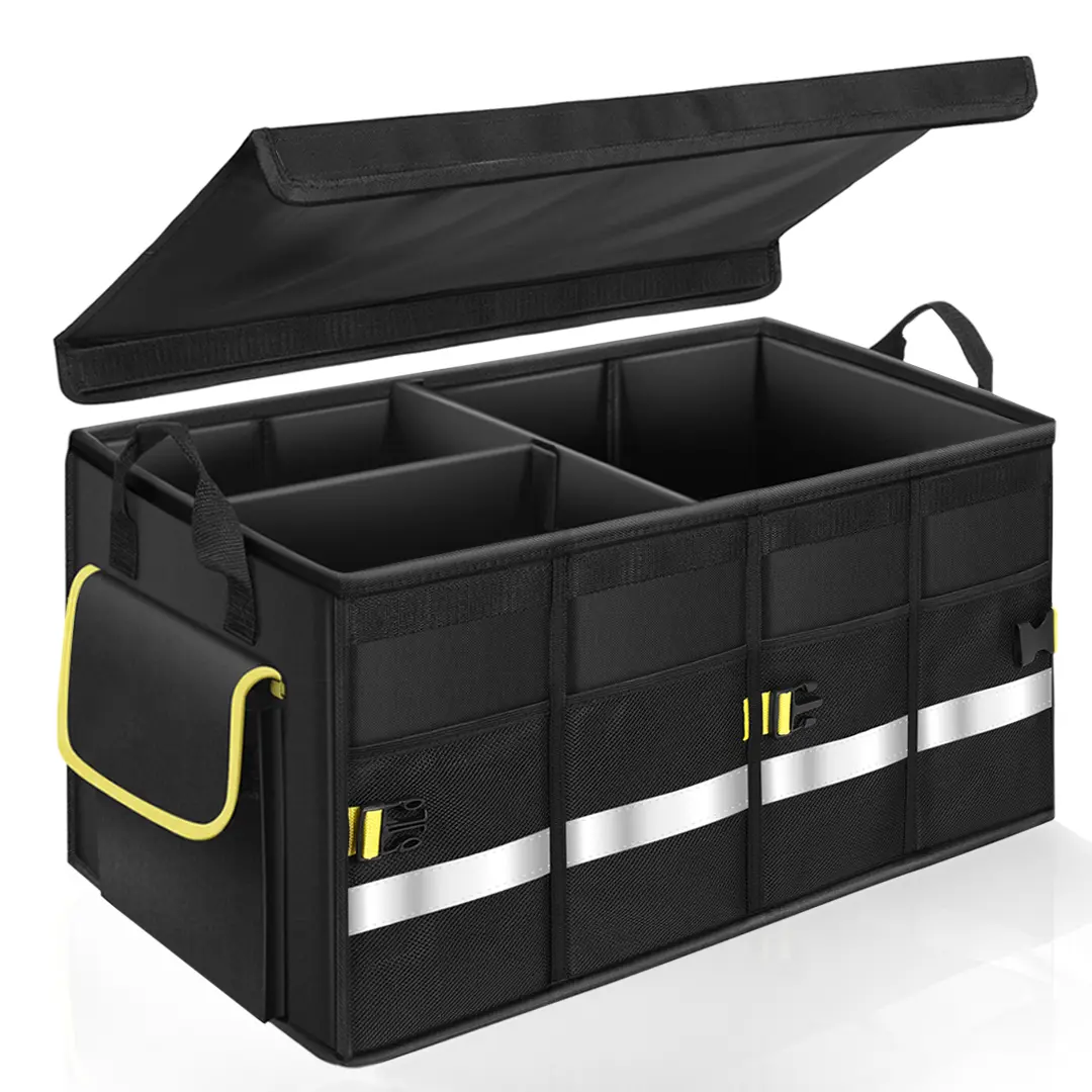 Car Trunk Organizer with Lid - 3-Compartment Collapsible Waterproof Storage Box for Vehicles, Heavy-Duty Oxford Accessory with Reflective Strip, Slip Resistant Bottom, 4 Mesh Pockets for Parents, Road Trips, Grocery Shopping