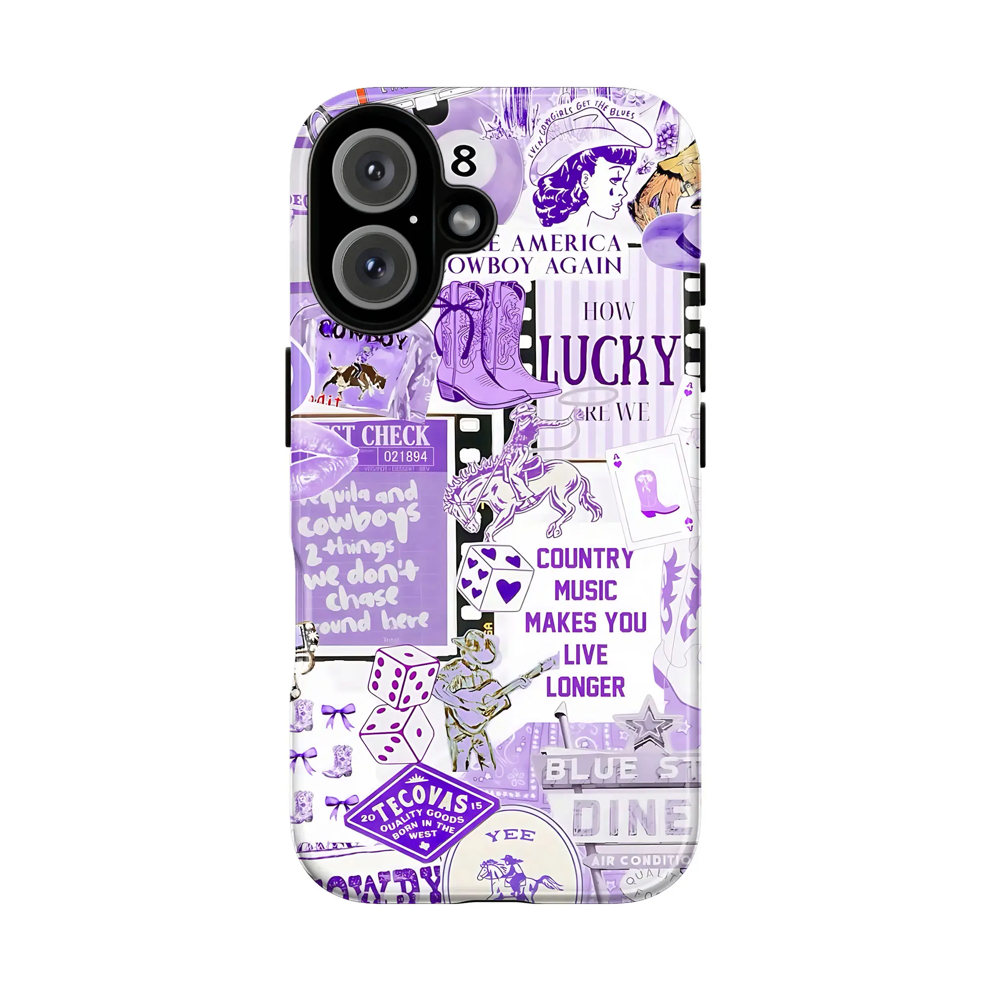 Western Collage Phone Case, Brown Pink Blue Red Cowboy Boots Dice Horses  Stars Retro Quotes Make