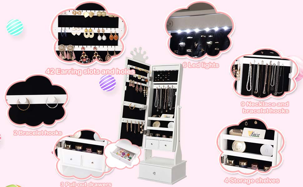 【GARVEE】Jewelry Armoire Cabinet with LED Light, Freestanding Organizer Featuring Full-Length Mirror and 3 Storage Drawers, Vanity Dress Up Jewelry Cabinet for Young Users 【GARVEE】Jewelry Armoire Cabinet with LED Light, Freestanding Organizer Featuring Full-Length Mirror and 3 Storage Drawers, Vanity Dress Up Jewelry Cabinet for Young Users