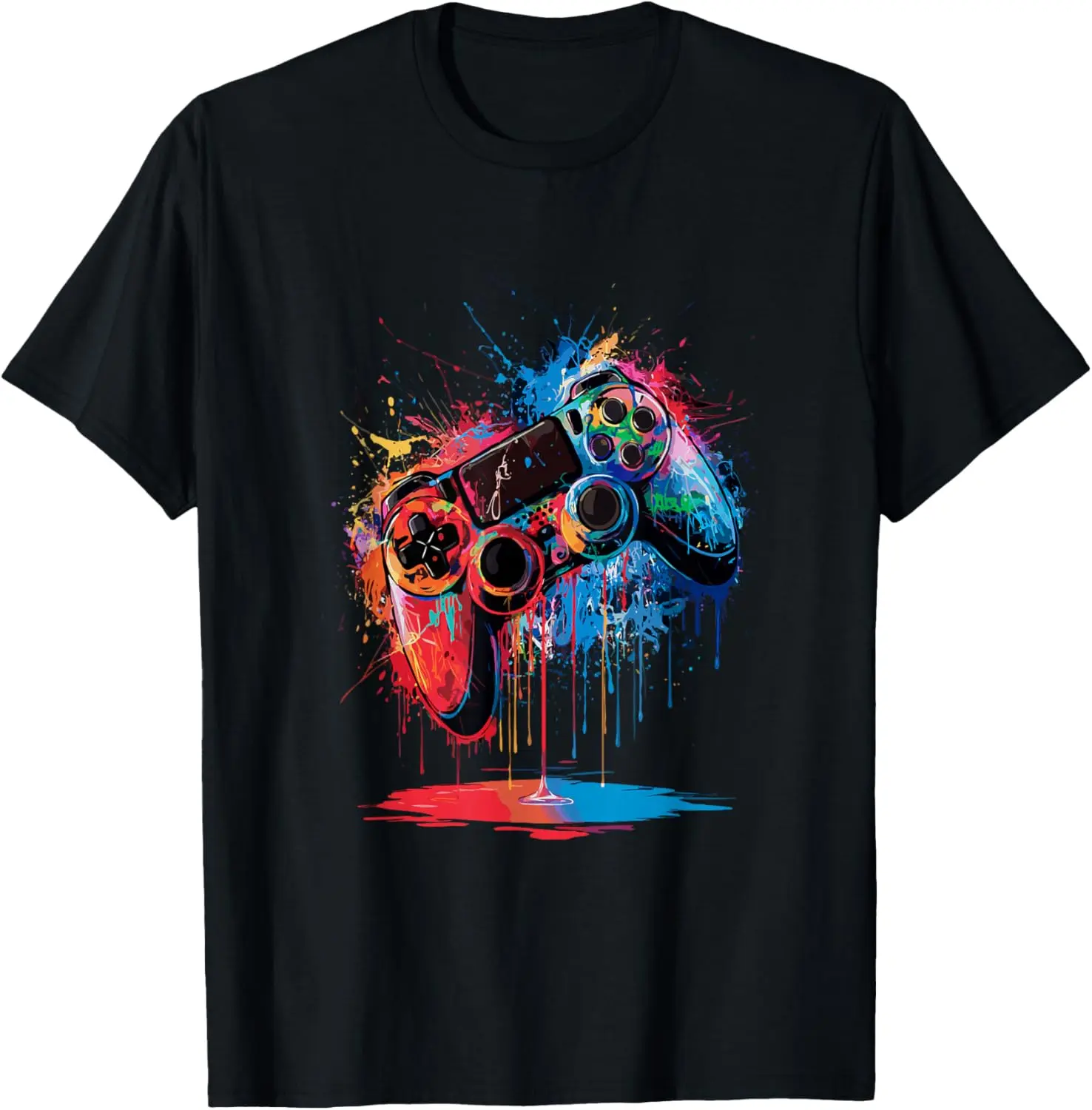 Women's 100% Cotton Casual Distressed Graphic Streetwear Top, Gamer Video Game Control Pad Paint Dripping Gaming T-Shirt, Tshirt, Vintage, Distressed Look, Gaming Theme, Short Sleeve, All Occasions, Giftable