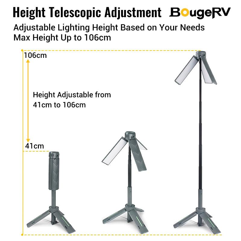 【BougeRV 8000mAh Camping Light】 Adjustable Stand 3.4 ft 1800 Lumen Cordless Work Light 3 Adjustable Heads Dimmable Emergency Flashlight Telescopic Tripod for Garage Outdoor Gift