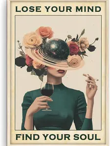 Vintage Lose Your Mind Find Your Soul Wall Art, Mental Health Poster, Inspirational Prints, Wine Abstract Girl Painting Wall Decor for Bedroom, Living Room, Home Office, UNFRAME