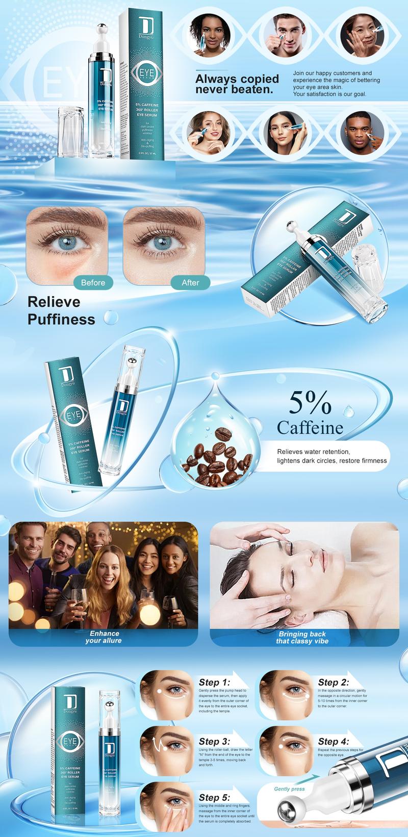 Dongyu 5% Caffeine Eye Serum Features A 360° Massage Ball Applicator That Effectively Reduces Dark Circles, Puffiness, Wrinkles, And Fine Lines