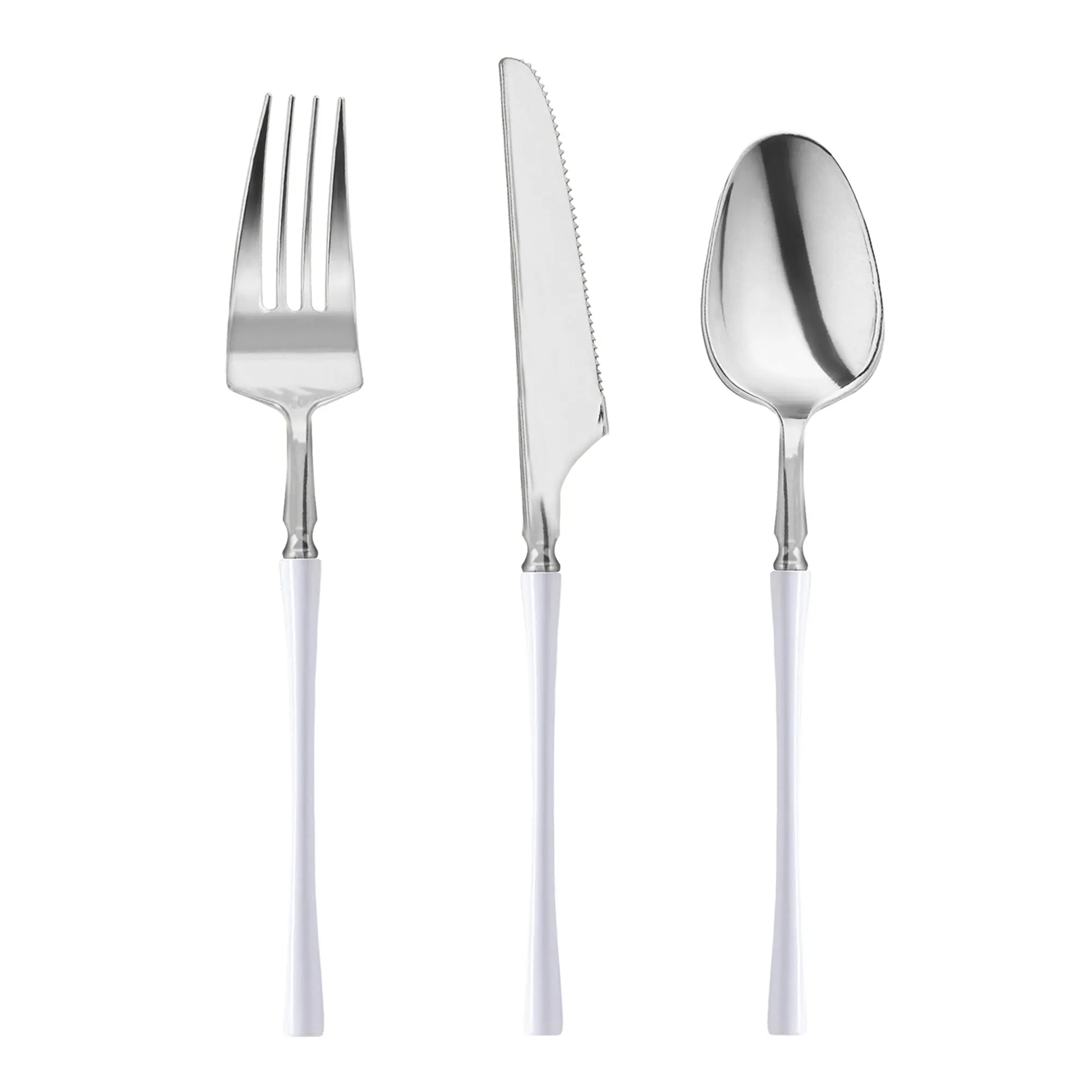 Silver with White Handle Moderno Disposable Plastic Cutlery Set - 20 Spoons, 20 Forks and 20 Knives