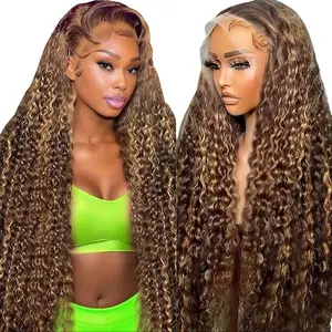 30inch Highlight Ombre Lace Front Wig Human Hair Deep Wave 13x6 HD Honey Blonde Lace Frontal Wigs P4/27 Curly Human Hair Wig Glueless Wigs Human Hair