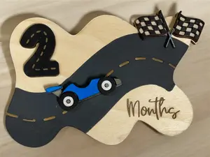 Race Car Baby Milestone Sign Wooden Monthly Photo Prop for 1-12 Months Layered Wood Design with Engraved Months Text Perfect for Milestone Pictures Keepsakes and Nursery Decor
