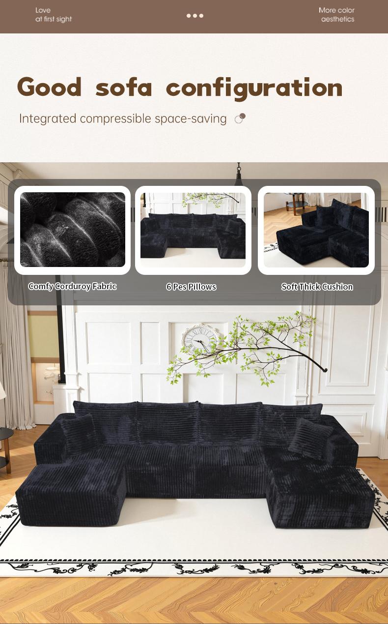 Comfortable U-shape Modular Corduroy Sofa 131.8'' Boneless Sectional No Assembly Needed 6 Free Pillows Living Room Furniture 3 Packages Shipping