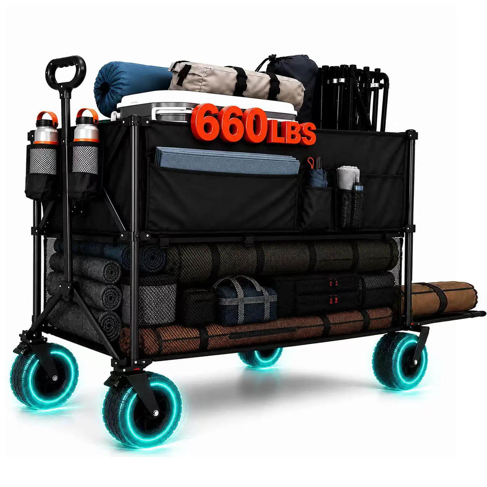 Double Decker Folding Wagon Cart, 660 lb Heavy Duty Collapsible Utility Wagon with Extended Lower Shelf, All-Terrain Wheels, Adjustable Handle & Cup Holders