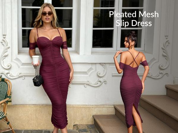 CurvySweet SDK0574A Women's Elegant Off-Shoulder Bodycon Dress with Built-In Bra Support, Cross-Back Strap & Split Hem, Ruched Mesh Midi Slim Dress for Christmas Party & Formal Cocktail Events