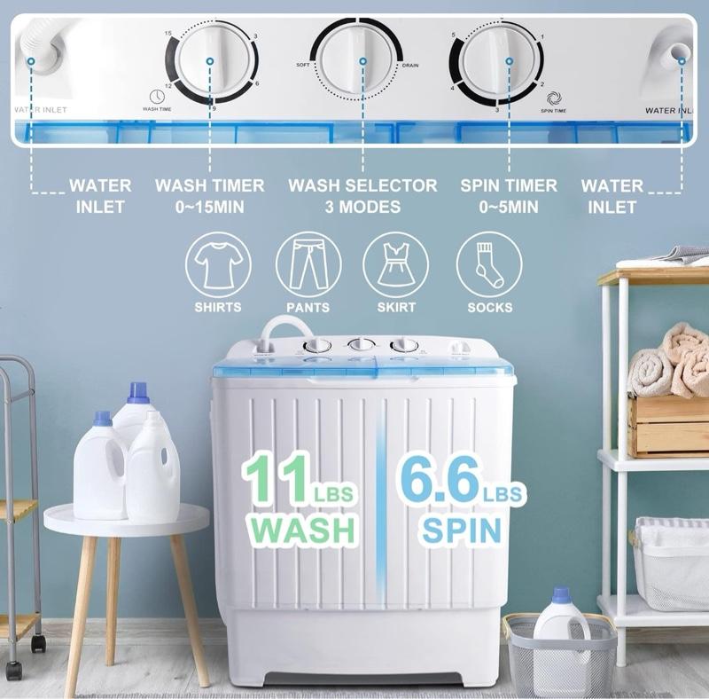 JB Portable Washing Machine 17.6 lbs Twin Tub Compact Washer with Timer Control, Gravity Drain, Inlet Water Hose, and Washing and Spinner Cycle Combo Household Appliance