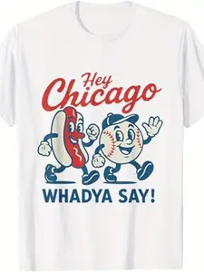 Men's Funny Chicago Sports Graphic T-Shirt - Hot Dog & Baseball Print with "Hey Chicago Whadya Say!"Slogan, Comfortable Cotton Regular Fit Tee for & Sox Fans, Casual All-Season Wear, Machine Washable White Shirt