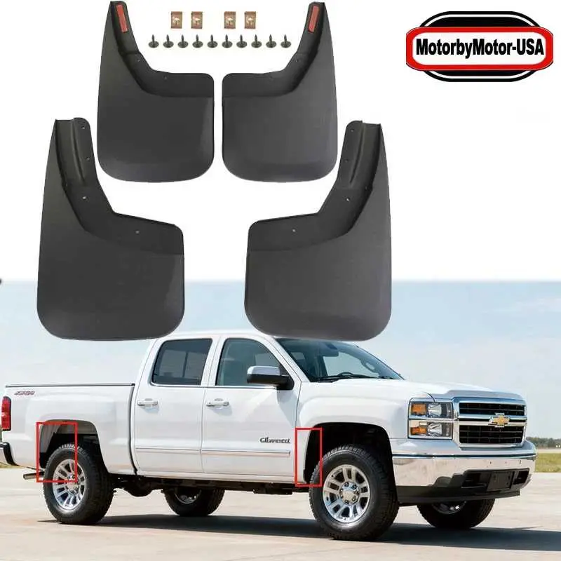 4-Piece Black Durable PP+TPO Mud Flaps & Splash Guards Set, Vehicle Accessories for Chevy Silverado 1500/2500/3500 HD 2014-2018 Pickup Truck, Front & Rear Panels, OE Fitment, All-Weather, No-Drilling, Full Installation Kit Chevy Truck Accessory, Automotiv