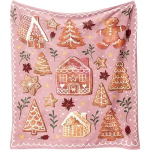 Aura Blankets 1pc Christmas Throw Blanket for Couch Pink Winter Holiday Festival Cute Xmas Gingerbread House Trees Blankets for Woman,Soft