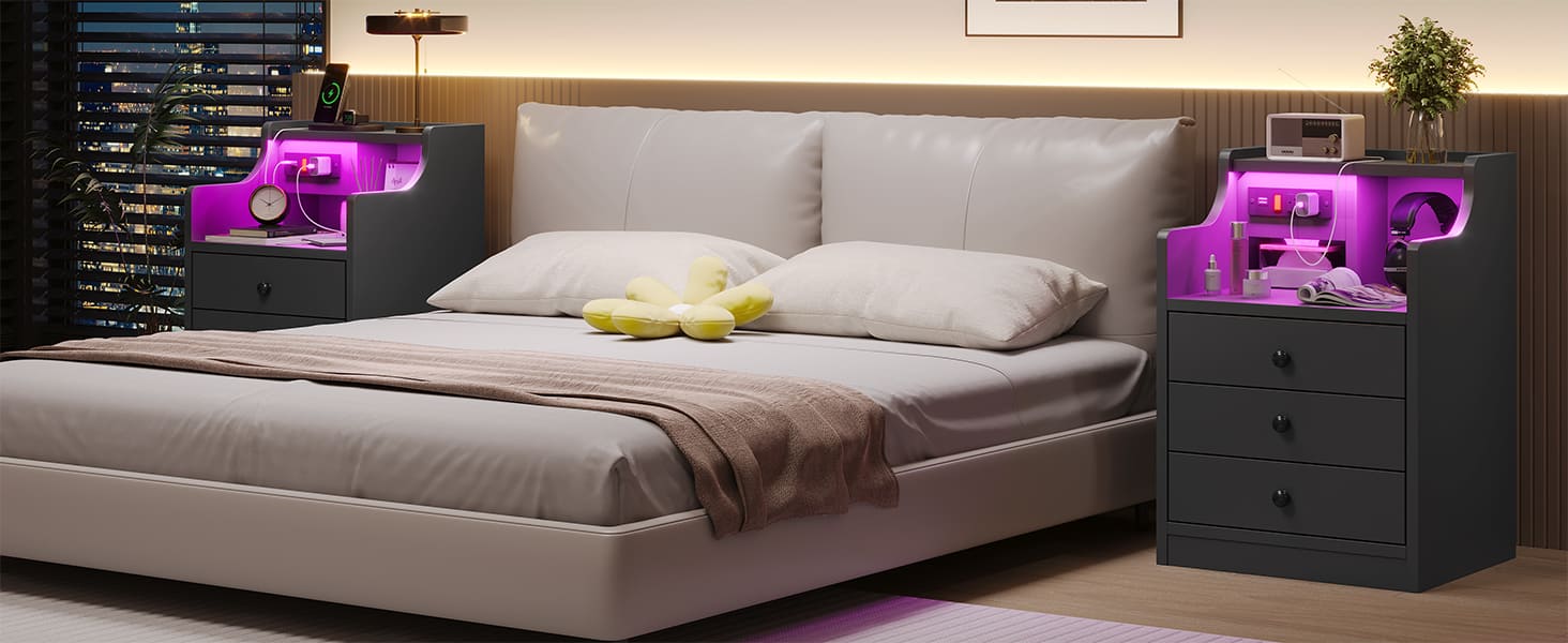 Sikaic Modern Minimal LED Nightstand Bedside with Hutch Drawers Charging Station Bedroom Furniture