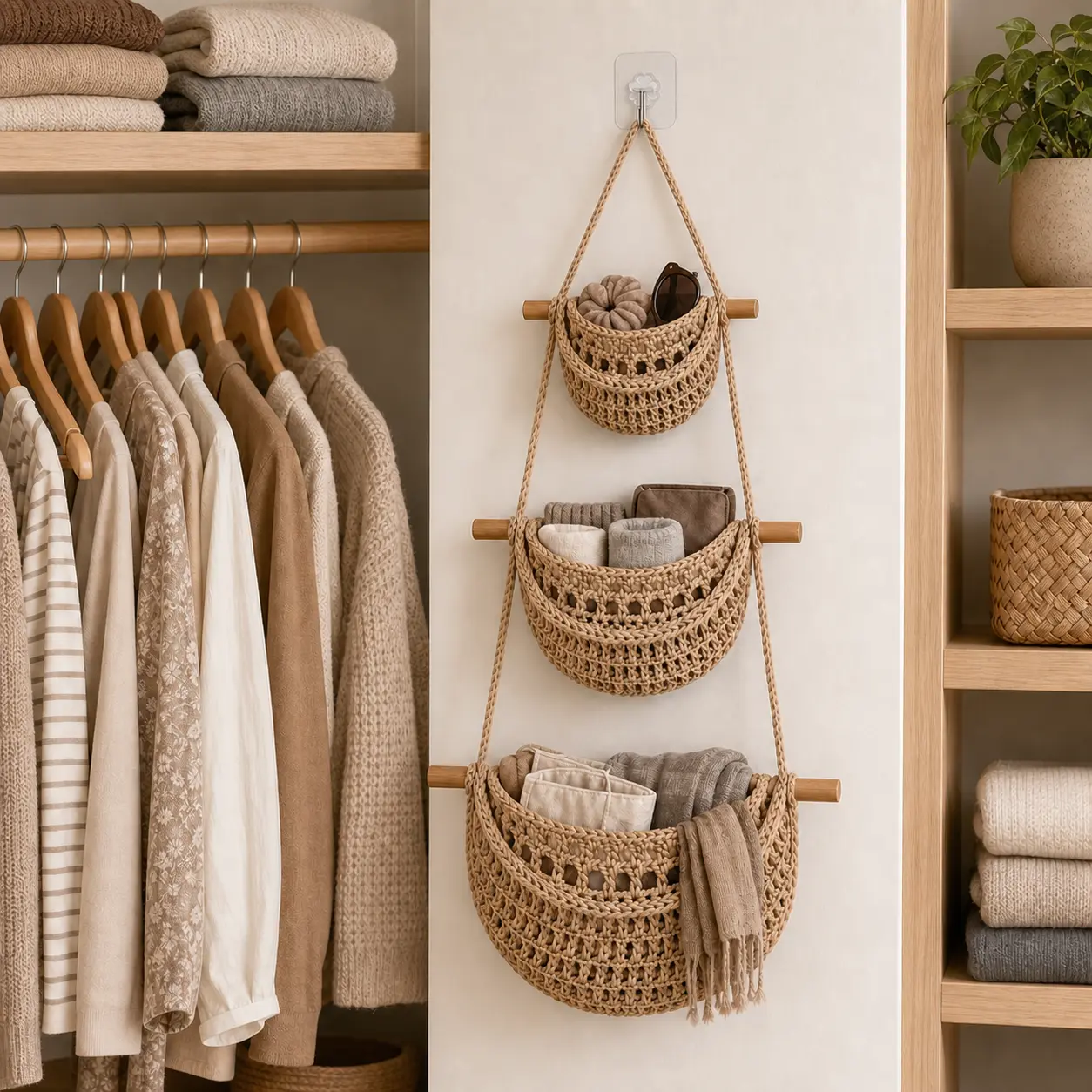 3-Tier Woven Cotton Over-the-Door Handwoven Basket - Wall-Mounted Jute Organiser with Gift Hook, Laundry Room Organiser for Busy Parents’ Nursery, Woven Baskets for Storage & Storage Organization Solution