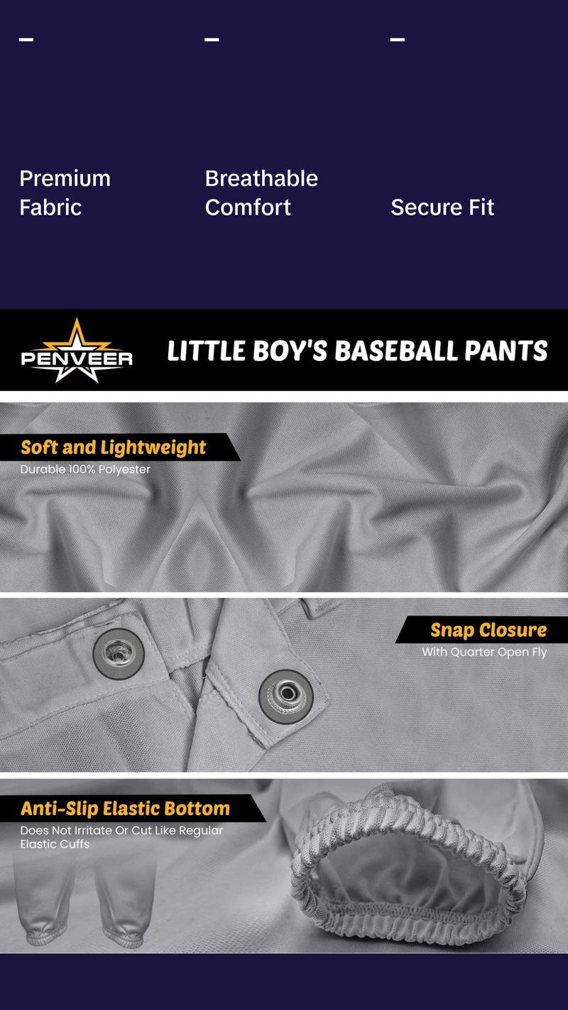 Penveer Pull-Up Youth Baseball Pants, Quarter Open Fly Boys Baseball Pants with Durable Snap & Elastic Bottom, T Ball Pants - (Grey)