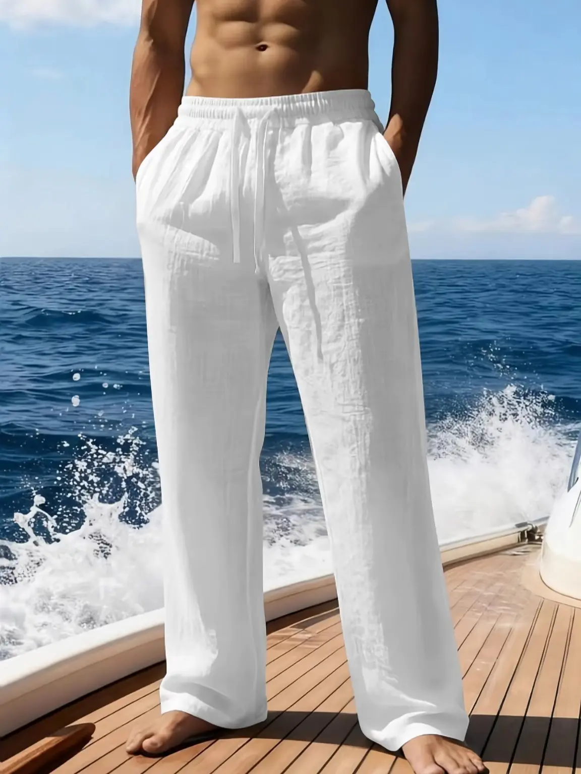 Lightweight textured linen wide leg casual trousers with elastic drawstring waist, breathable crinkled fabric loose flowy full-length silhouette side slip pockets relaxed vacation bottom staple for summer coastal mensfashion styling