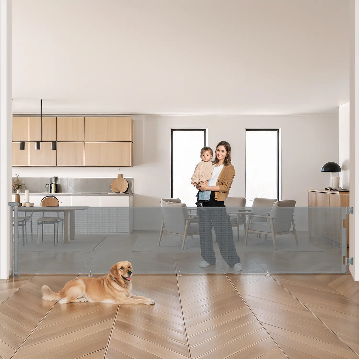 BIOBY 118" Retractable Baby Safety Gates Extra Wide, Extra Long Pet Dog Gates, Retractable Dog Gate for Large Openings, Extra Long Dog Gates for The House, Extra Large Mesh Pet Gate for Stairs, Doorways, Hallways, Indoor&Outdoor, Grey, Summervibes