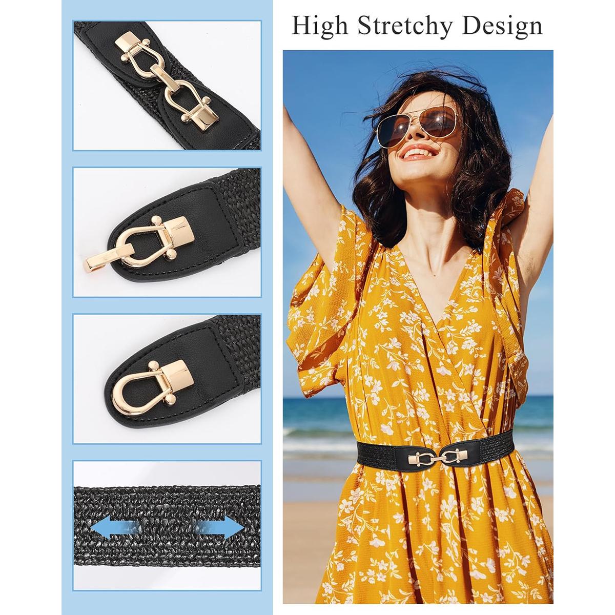 2-Piece Set Women Straw Belt Elastic Waist Metal Buckle Breathable Elegant Boho Braided Belt for Dress Casual 2-Piece Set Women Straw Belt Elastic Waist Metal Buckle Breathable Elegant Boho Braided Belt for Dress Casual