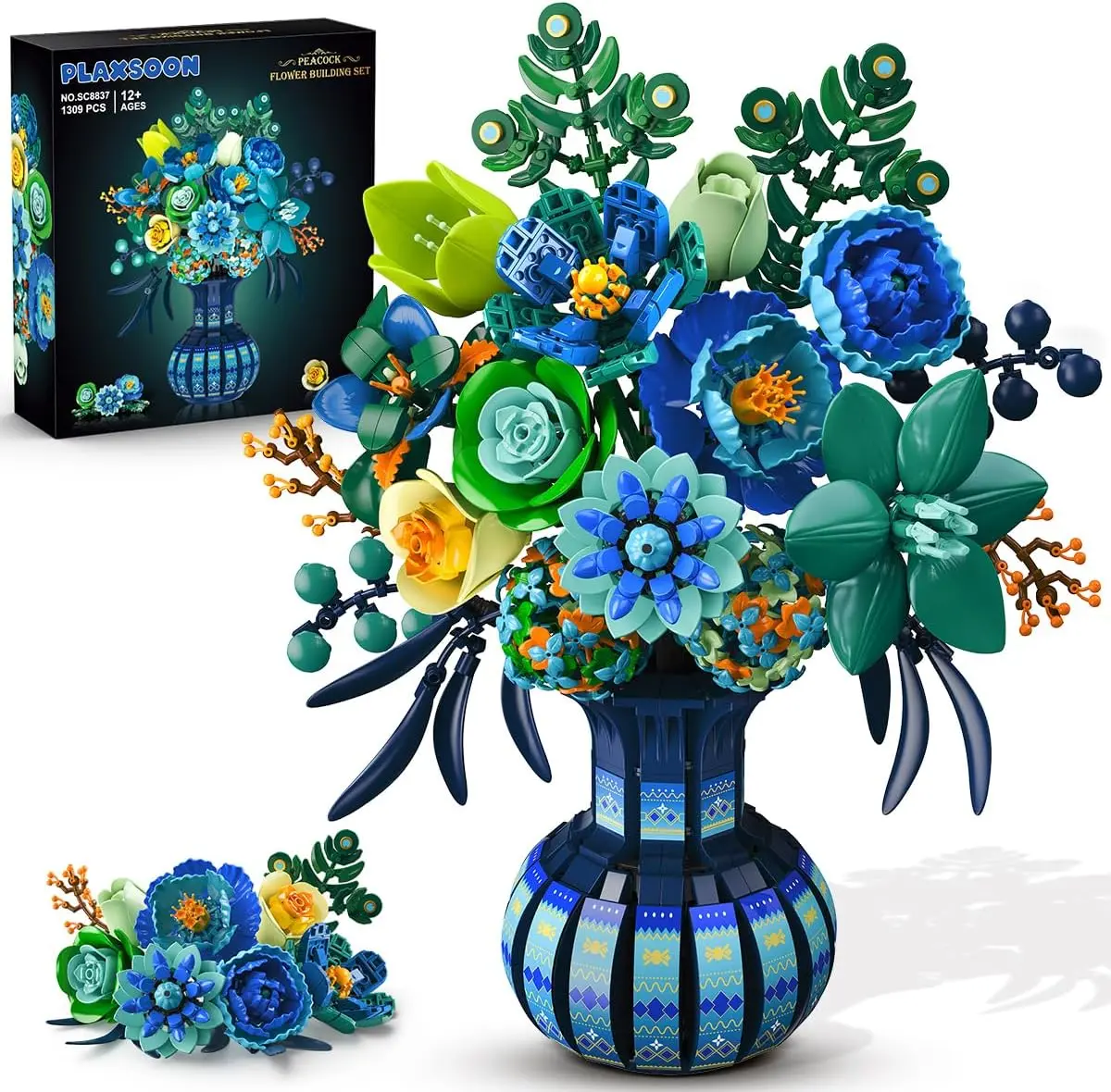 PLAXSOON 1309-PC Peacock Botanical Building Set with Vase, Valentine's Day Flower Bouquet Artificial Plant Bonsai Kit, Home Decor Gift for Adults Girls 12+