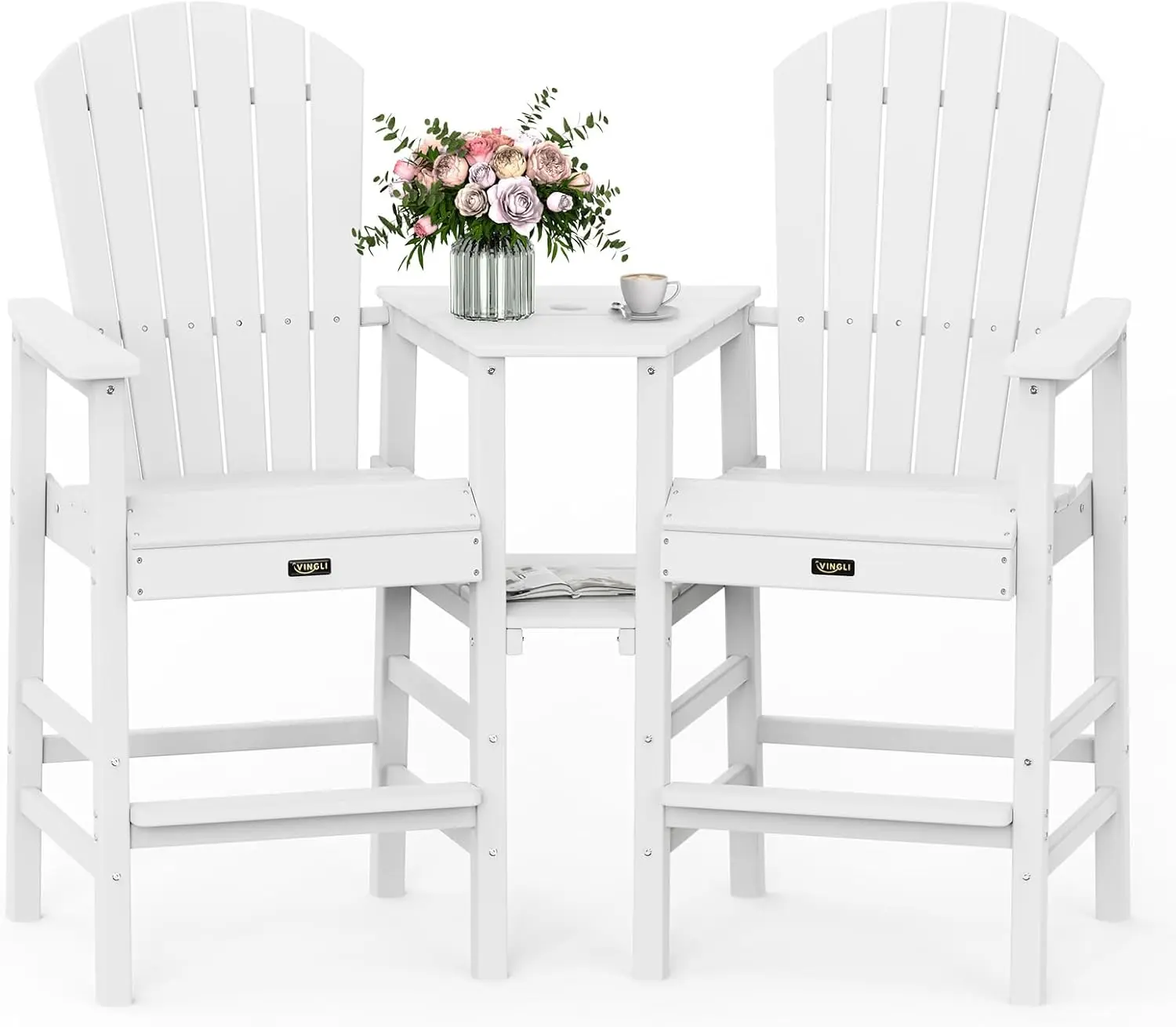 VINGLI Tall Adirondack Chairs Set of 2, All Weather HDPE Bar Height Adirondack Chair with Double Trays, Adirondack Barstools for Balcony, Poolside, Backyard and Patio