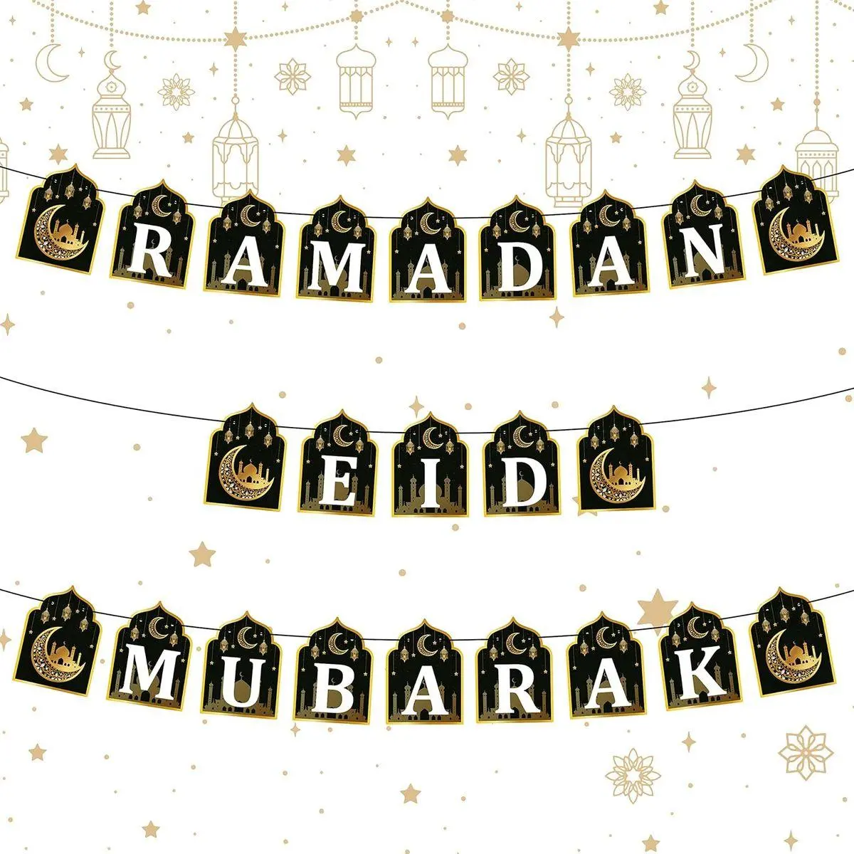2 in 1 Ramadan Banner Eid Mubarak Decoration, Ramadan Kareem Hanging Banners Decor, No DIY Needed Eid Al-Fitr Iftar Party Favor Hang Garland Supplies for Home Tree Fireplace Wall (10 Feet)