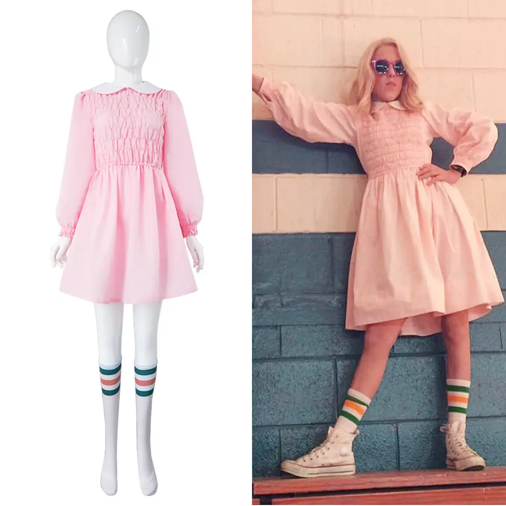 Women's Retro Pink Dress, 11 Inspired Sci-Fi Cosplay Costume with Fitted Waist and A-Line Silhouette for Halloween Parties, Eleven