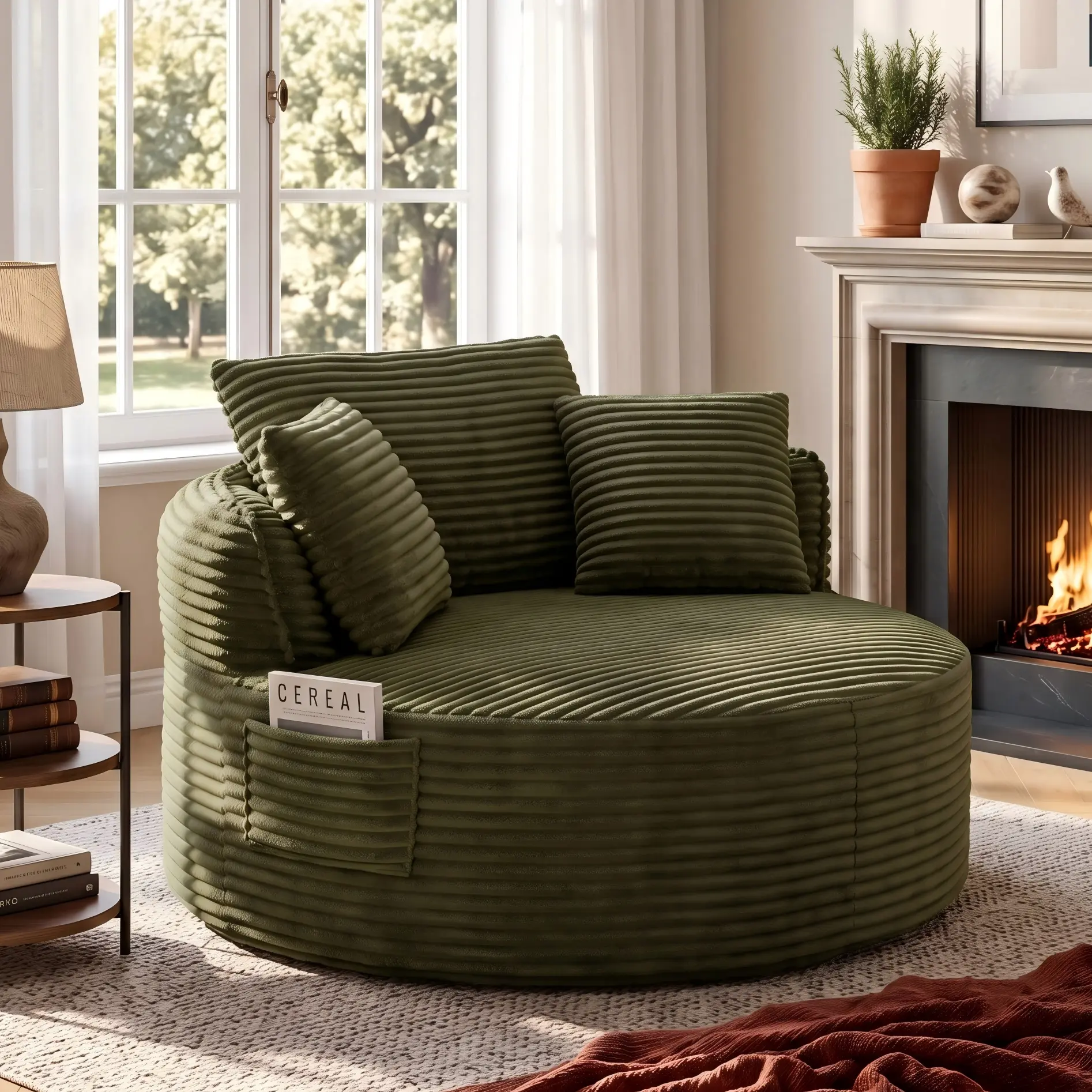 Eyisean 53.5" Oversized Round Chair Lounge Chaise Indoor, Deep Seat Circle Single Cloud Sofa Chair with Plush Corduroy, No Assembly Required, Fluffy Modern Boneless Sleeper Sofa Bed, Floor Sofa for Living Room, Bedroom