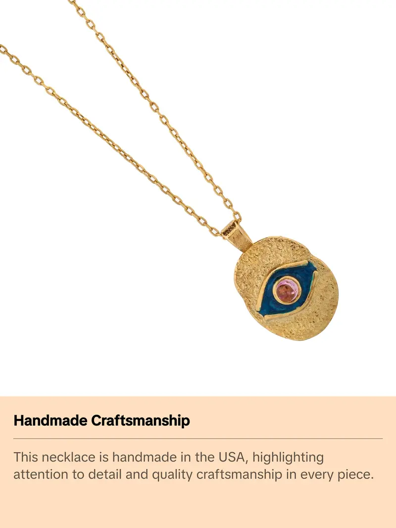 Blue Enamel & Tourmaline Stone Evil Eye Gold Pendant Good Karma Necklace
